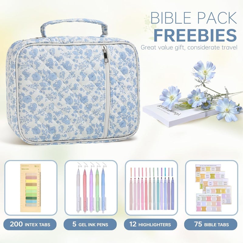 YKFLY Bible Cover Case for Women Large Bible Cover with Durable Handle Quilted Bible Carrying Case for Girls Bible Study Supplies Accessories (Blue Flower, Blue Flower) - Image 2